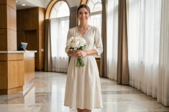 Femme en robe de cérémonie ivoire dentelle pour un mariage civil en mairie