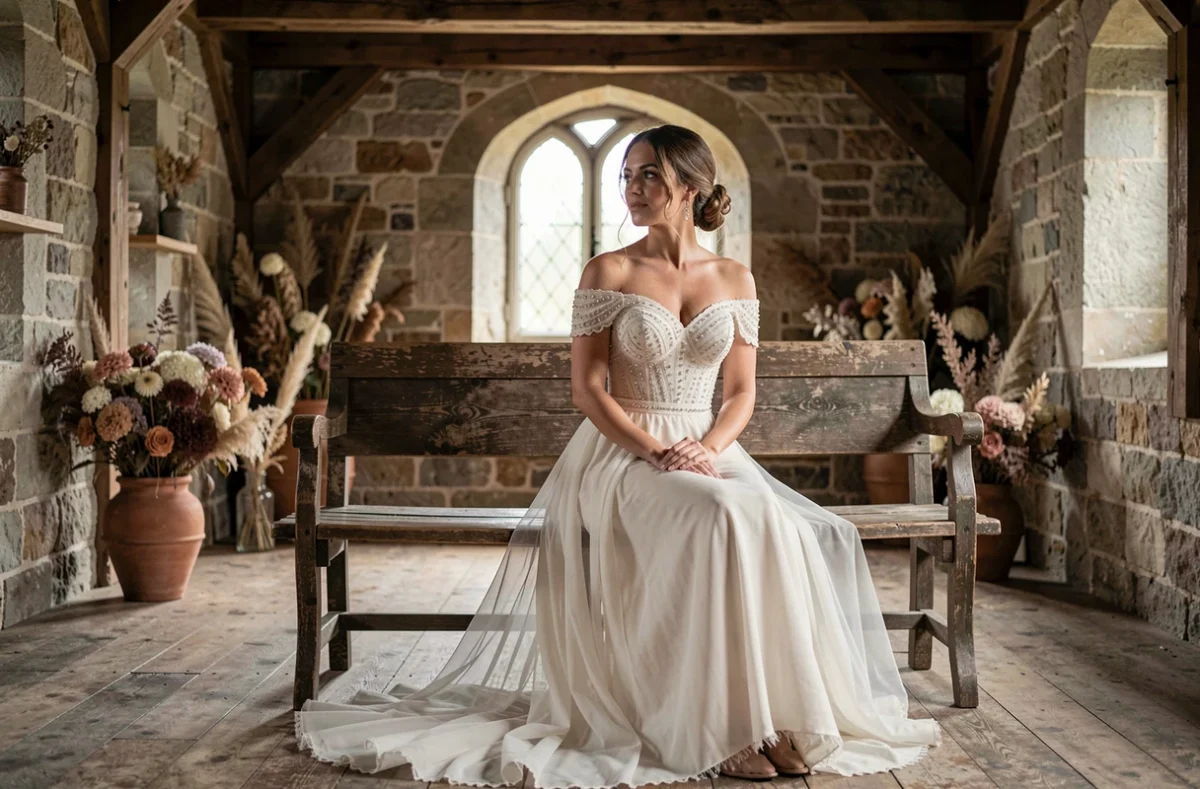 Femme en robe de mariée bohème épaules dénudées avec broderies assise dans une chapelle en pierre rustique