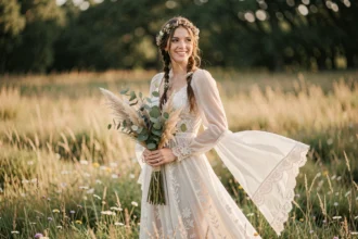 Femme en robe de mariée bohème en dentelle et mousseline dans une prairie fleurie, look chic et naturel