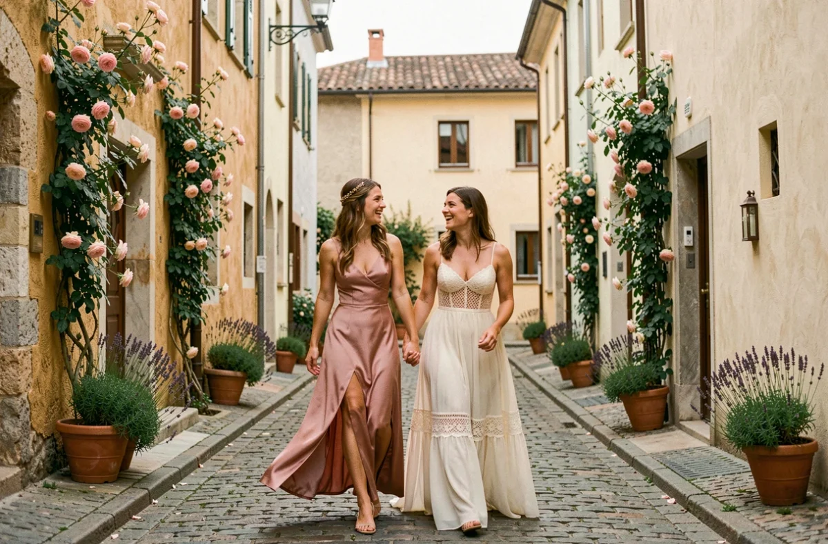Mariée bohème en robe ivoire avec une demoiselle d'honneur rose poudré marchant dans une ruelle pavée en pierre