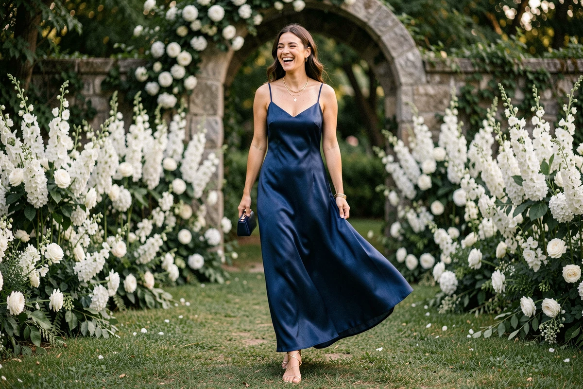 Invitée de mariage en robe longue bleu marine satiné dans un jardin fleuri