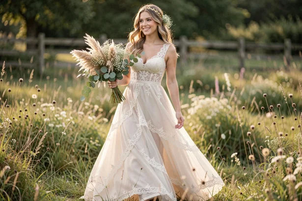 Mariée bohème en robe ivoire en dentelle avec headband doré et bouquet de pampa dans un champ naturel