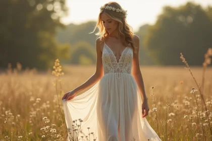 Femme portant une robe de mariée bohème chic en dentelle dans un champ de fleurs sauvages