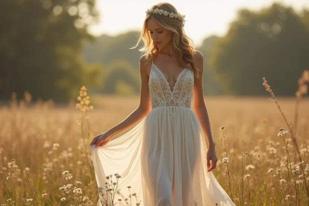 Femme portant une robe de mariée bohème chic en dentelle dans un champ de fleurs sauvages