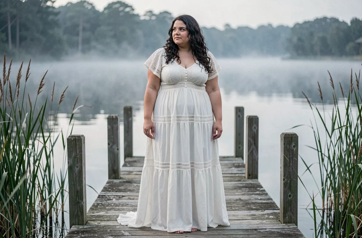 Mariée grande taille en robe bohème blanche avec détails crochet debout sur un ponton en bois au bord d'un lac calme