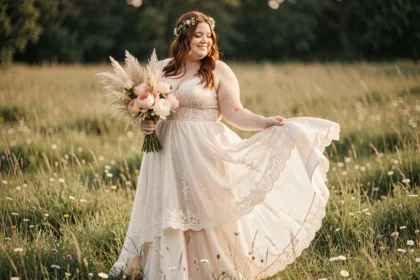Femme ronde en robe de mariée bohème ivoire avec dentelle dans un champ de fleurs sauvages, couronne florale et bouquet naturel