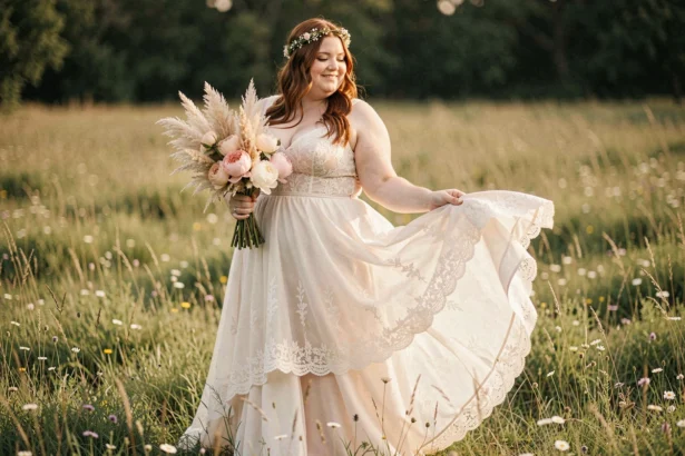 Femme ronde en robe de mariée bohème ivoire avec dentelle dans un champ de fleurs sauvages, couronne florale et bouquet naturel