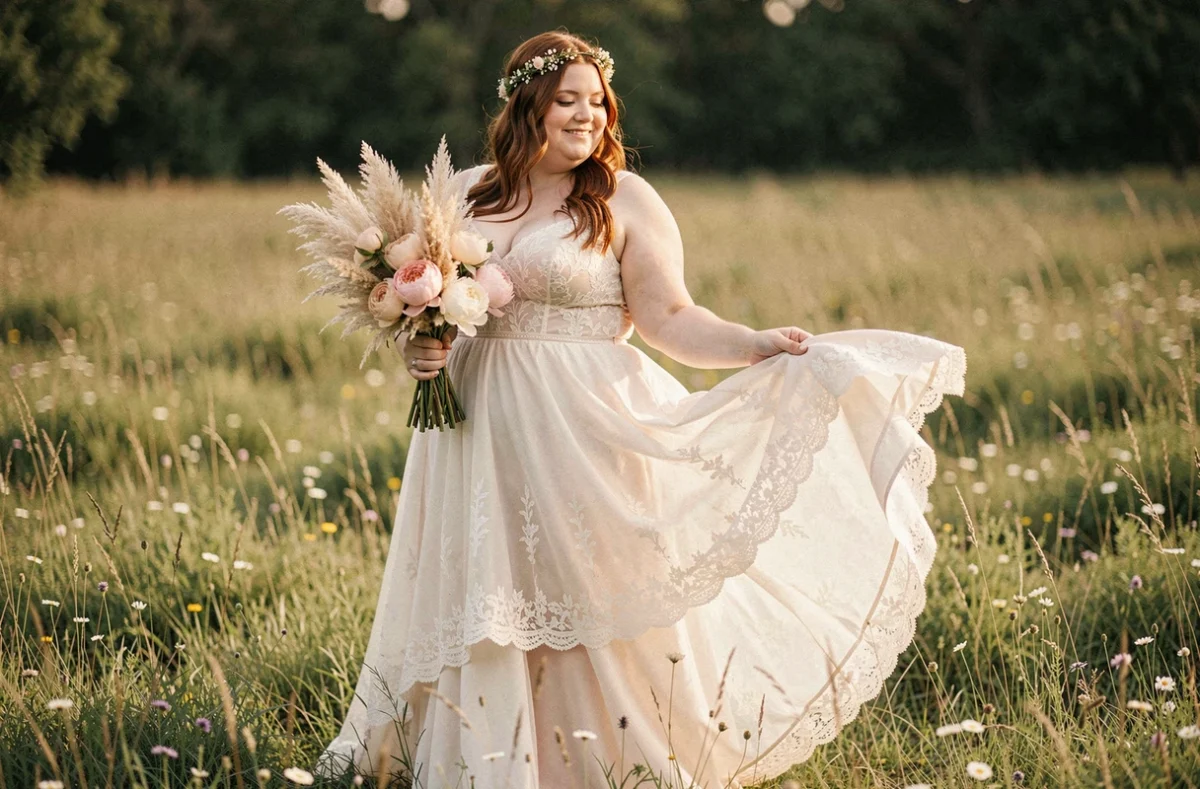 Femme ronde en robe de mariée bohème ivoire avec dentelle dans un champ de fleurs sauvages, couronne florale et bouquet naturel