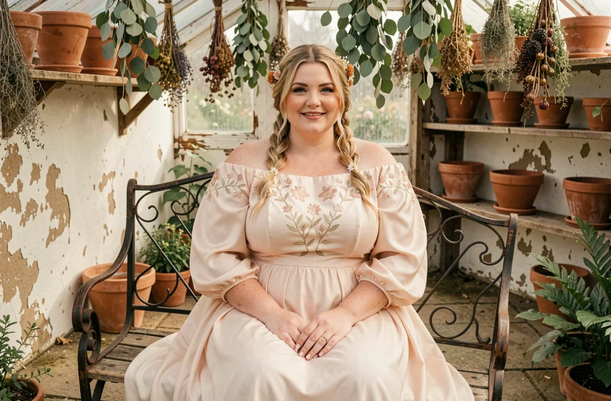 Mariée ronde en robe bohème blanche brodée assise dans une serre vintage décorée d'eucalyptus et de botaniques séchées