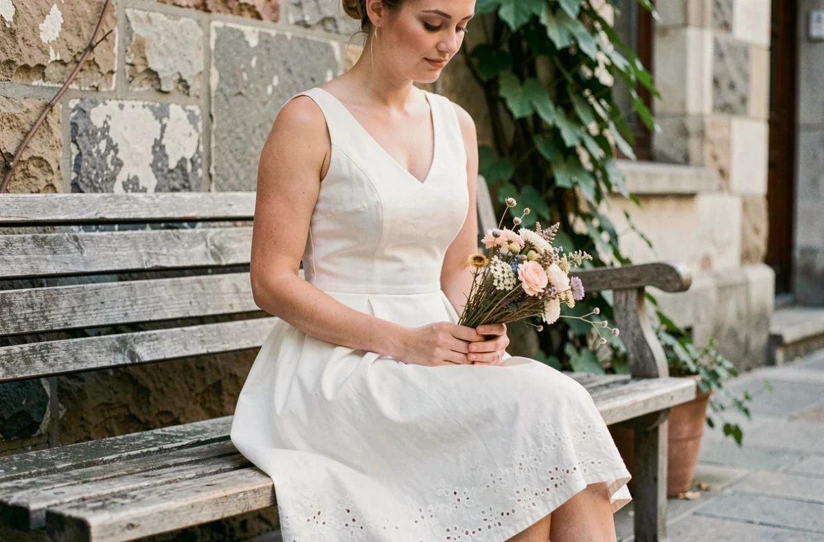 Mariée en robe courte blanche brodée assise sur un banc en bois dans une cour urbaine, bouquet de fleurs séchées, style champêtre chic
