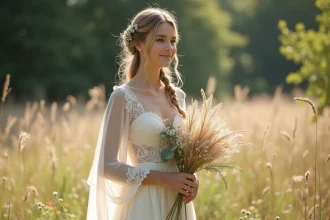 Mariée en robe bohème pas chère avec bouquet de pampa dans un parc de Lyon