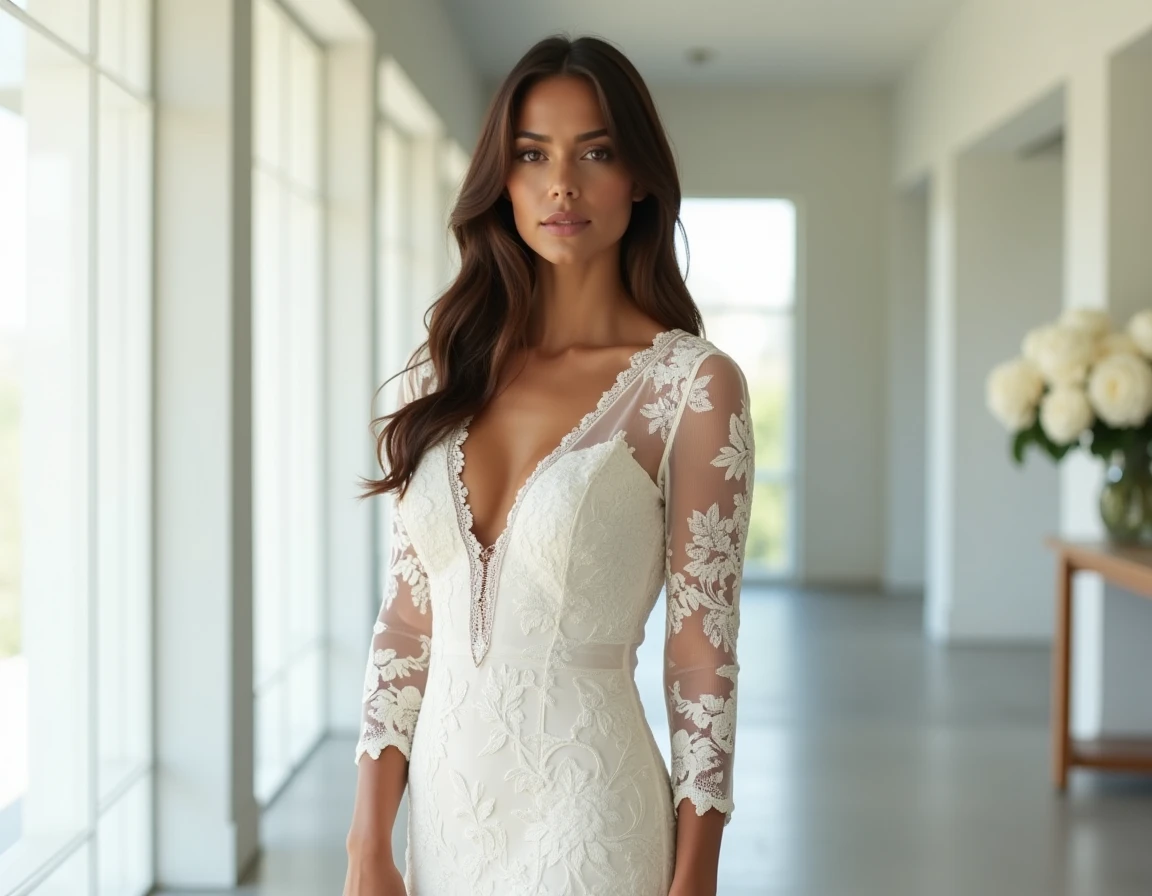 Mariée en robe dentelle manches longues dans une salle de réception moderne minimaliste, portrait élégant style éditorial