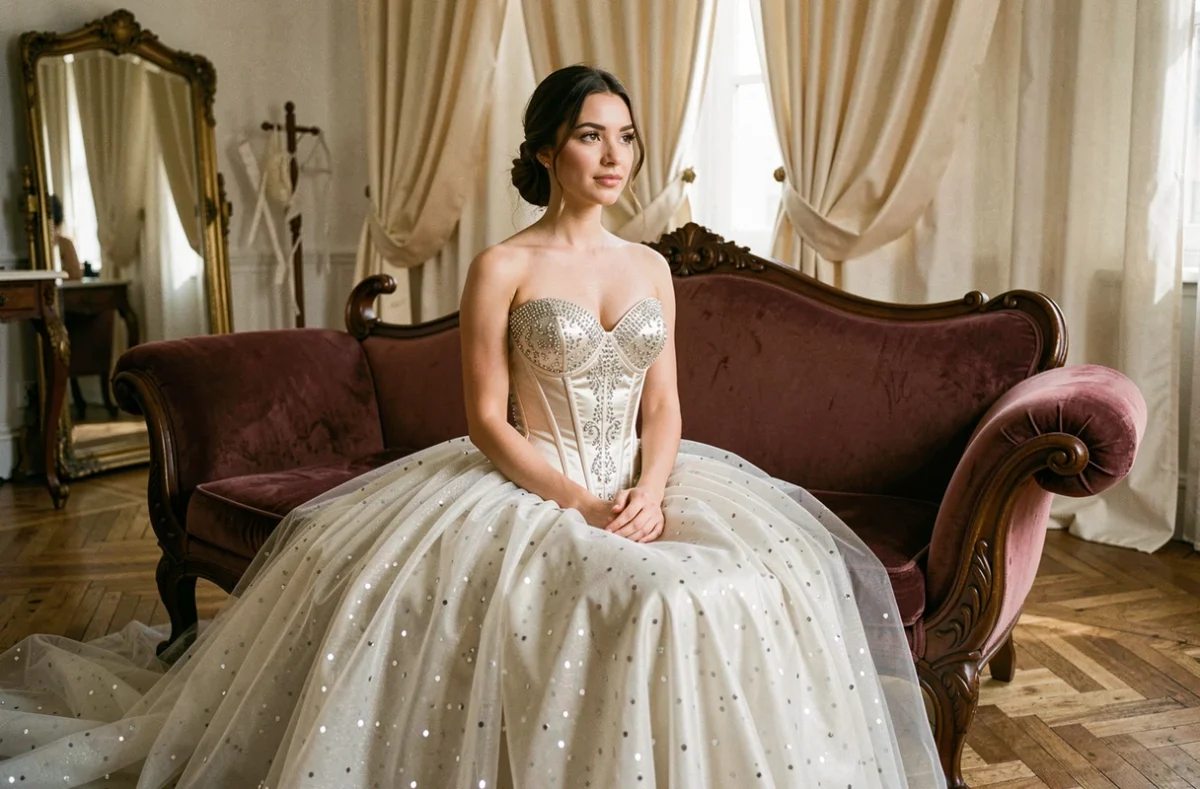 Mariée en robe princesse strass et paillettes assise sur une chaise longue dans un atelier parisien