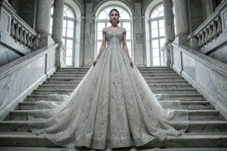 Robe de mariée princesse strass et paillettes portée dans un palais européen avec grand escalier en marbre