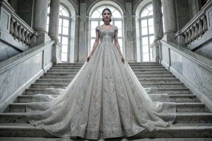 Robe de mariée princesse strass et paillettes portée dans un palais européen avec grand escalier en marbre