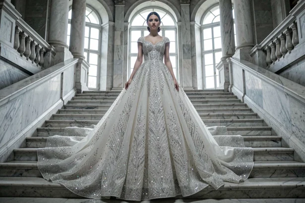 Robe de mariée princesse strass et paillettes portée dans un palais européen avec grand escalier en marbre