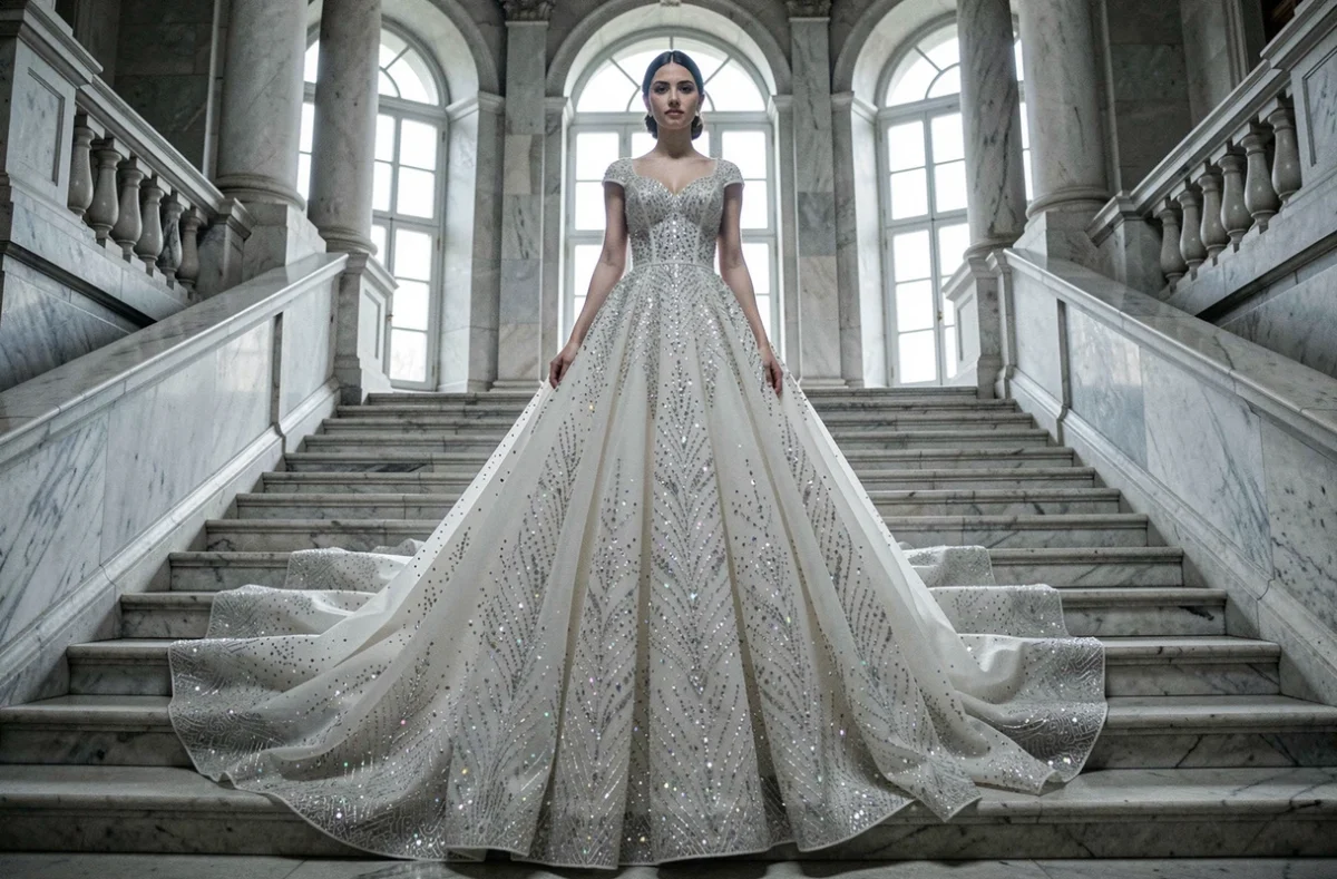 Robe de mariée princesse strass et paillettes portée dans un palais européen avec grand escalier en marbre