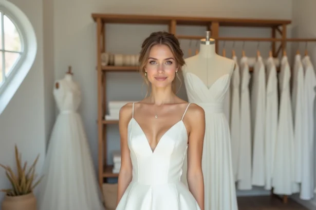Jeune mariée portant une robe de mariée simple et élégante dans un atelier de couture sur mesure