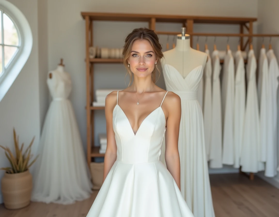 Jeune mariée portant une robe de mariée simple et élégante dans un atelier de couture sur mesure