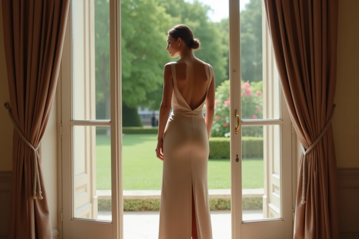 Femme de dos en longue robe de soirée champagne col ouvert à coupe colonne près d'une fenêtre lors d'un mariage parisien