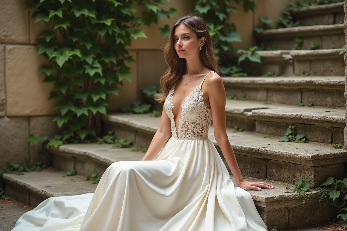 Femme en robe de soirée longue ivoire coupe empire avec dentelle assise sur un escalier de château pour un mariage