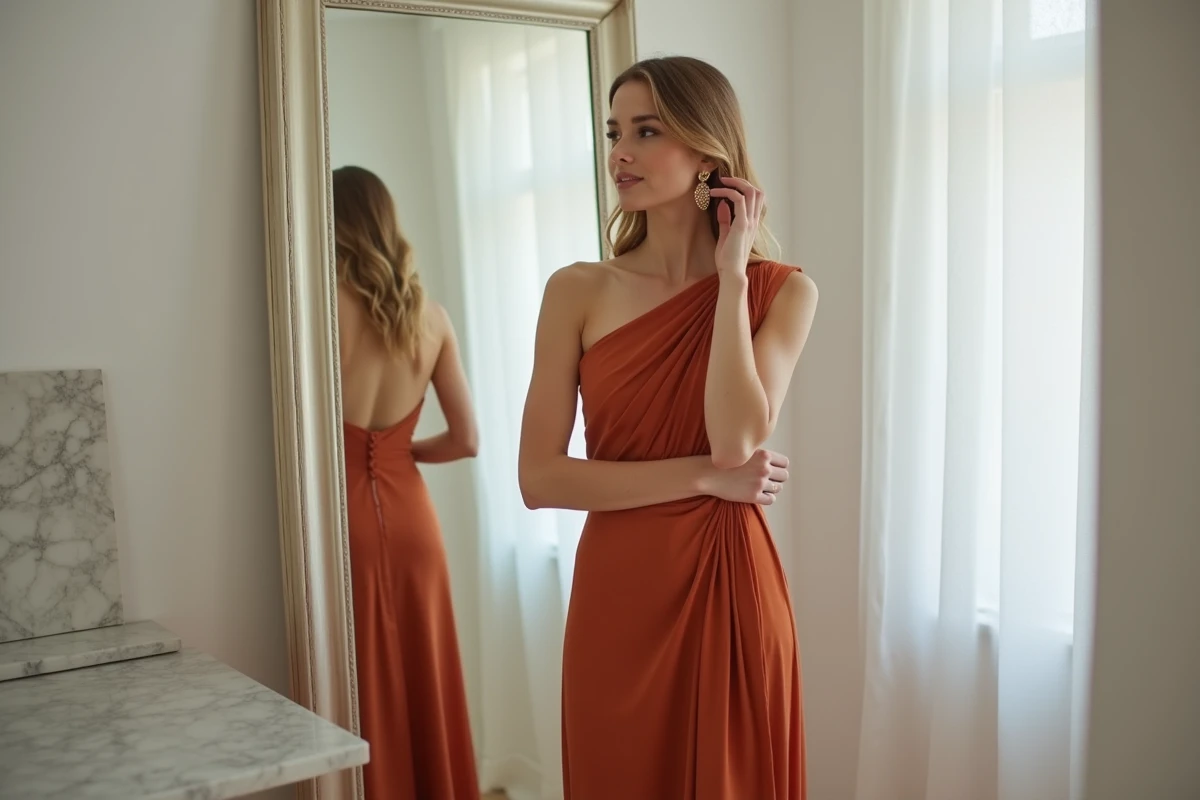 Témoin de mariage en robe terracotta structurée une épaule dans une loge de préparation, reflet miroir élégant