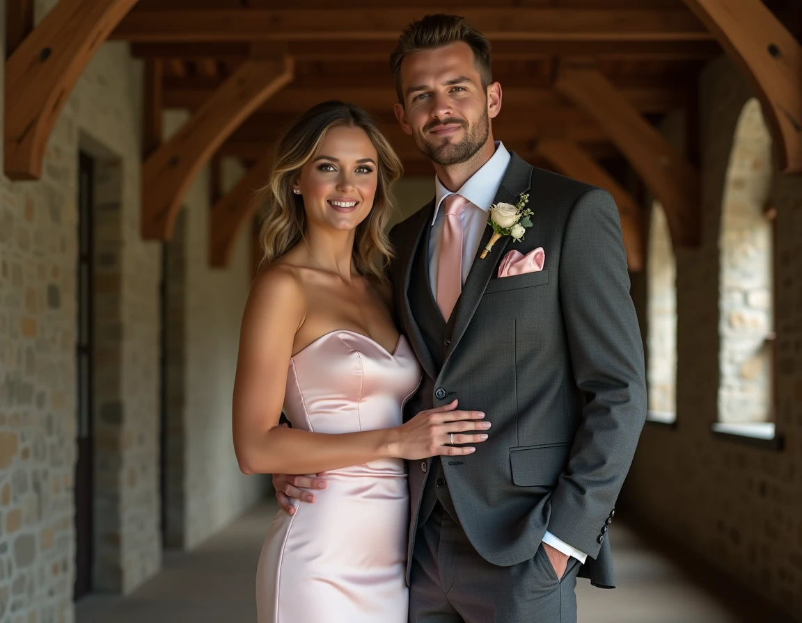 Mariée en robe vintage satin rose années 50 et marié en costume chiné coordonné dans une salle de réception rustique