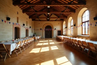 Salle des fêtes de village en France avec tables et chaises pliantes, affichage des tarifs de location à l'entrée