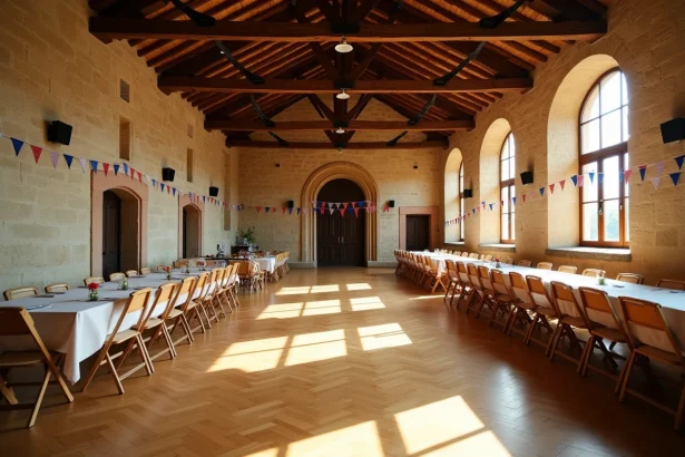 Salle des fêtes de village en France avec tables et chaises pliantes, affichage des tarifs de location à l'entrée