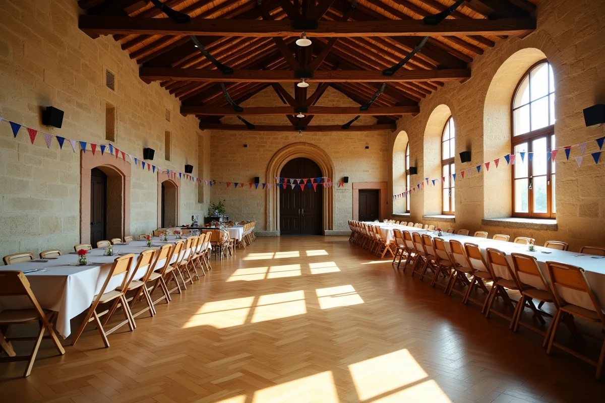 Salle des fêtes de village en France avec tables et chaises pliantes, affichage des tarifs de location à l'entrée
