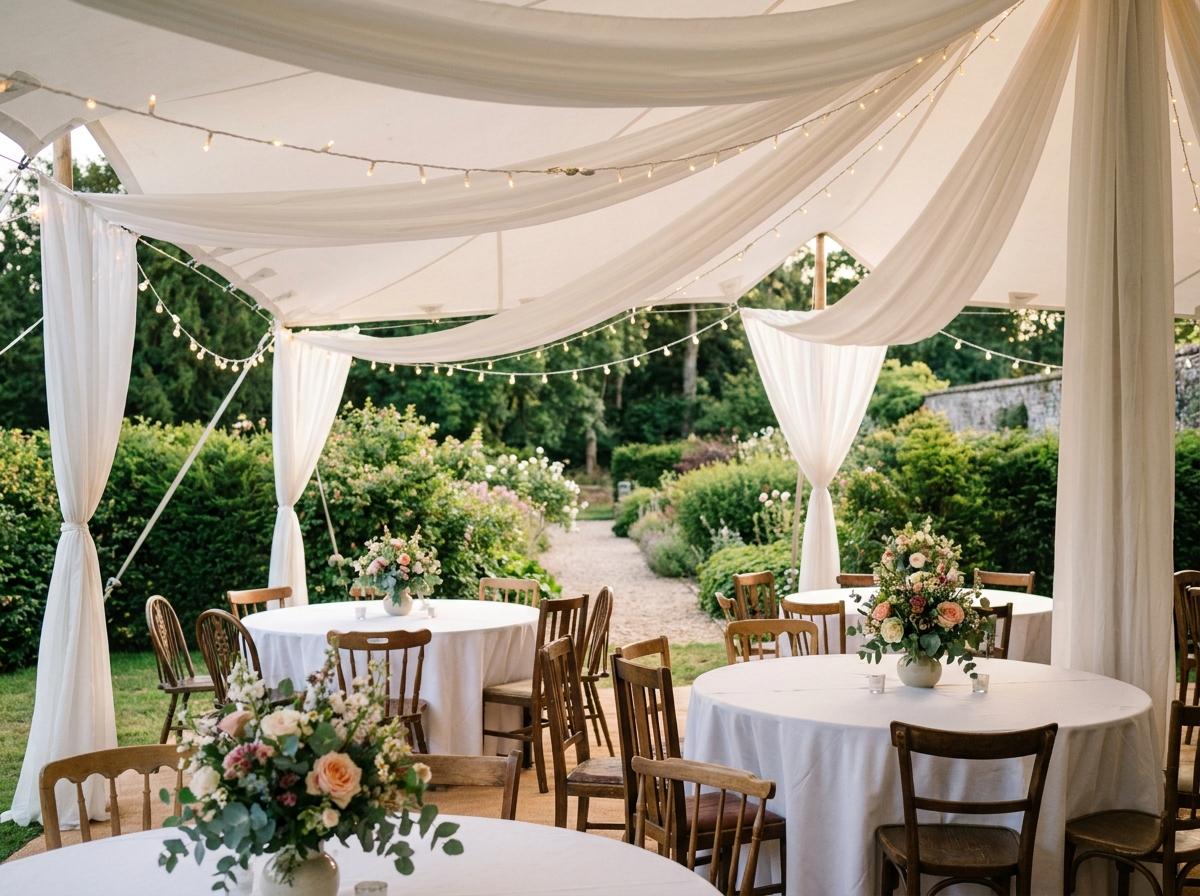 Salle de fête installée dans un jardin avec chapiteau blanc, tables rondes décorées et guirlandes lumineuses pour une célébration en famille