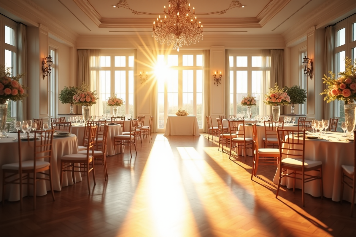 Salle de reception de mariage avec chaises et fleurs