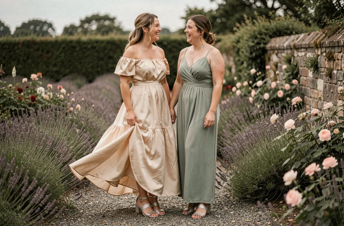 Mariée en robe bohème champagne et demoiselle d'honneur en vert sauge portant des sandales argentées à talons bloc dans un jardin fleuri
