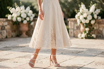Mariée en robe ivoire portant des sandales argentées à talons et strass sur une terrasse en pierre lors d'un mariage en plein air