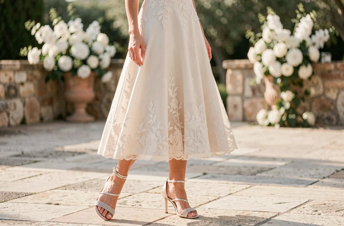 Mariée en robe ivoire portant des sandales argentées à talons et strass sur une terrasse en pierre lors d'un mariage en plein air