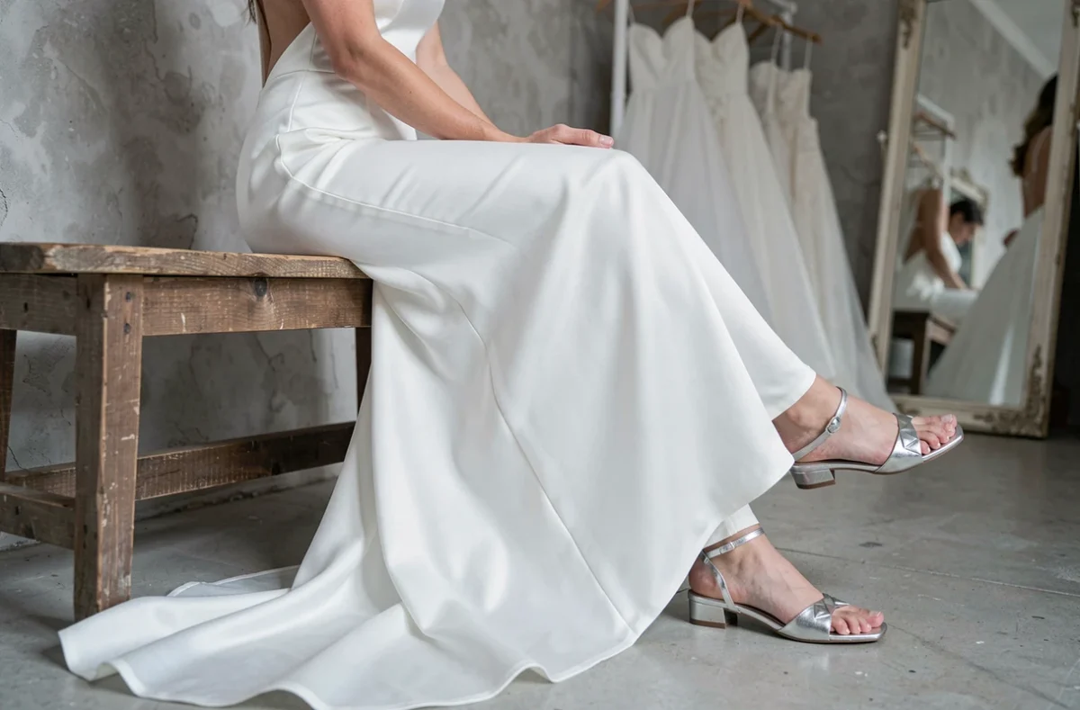 Sandales argentées plates à bride cheville portées avec une robe de mariée en satin blanc minimaliste dans une boutique de mariage
