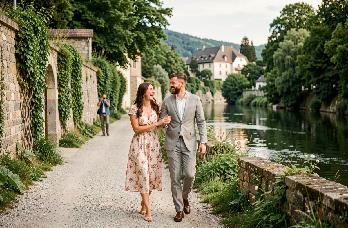 Couple heureux photographié en séance photo lors de leur mariage au bord de la rivière Guiers à Pont-de-Beauvoisin