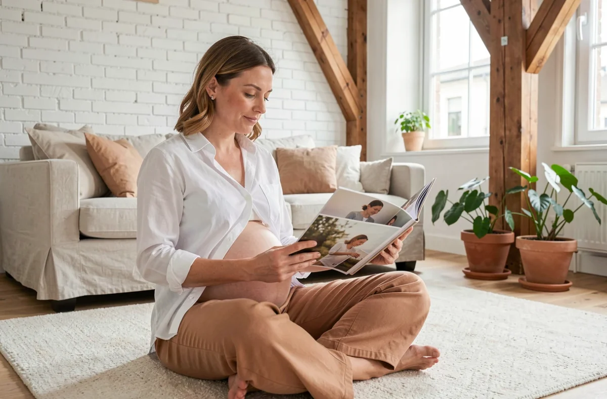 Femme enceinte de 5 mois dans un appartement cosy de Tours, feuilletant un album photo de grossesse