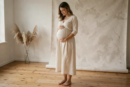 Femme enceinte de 7 mois en robe crème dans un studio photo à Tours, tenant son ventre avec douceur