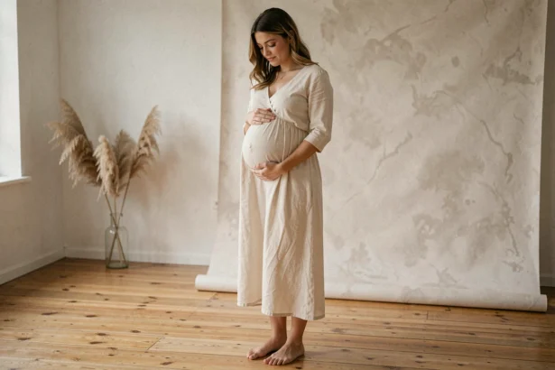 Femme enceinte de 7 mois en robe crème dans un studio photo à Tours, tenant son ventre avec douceur