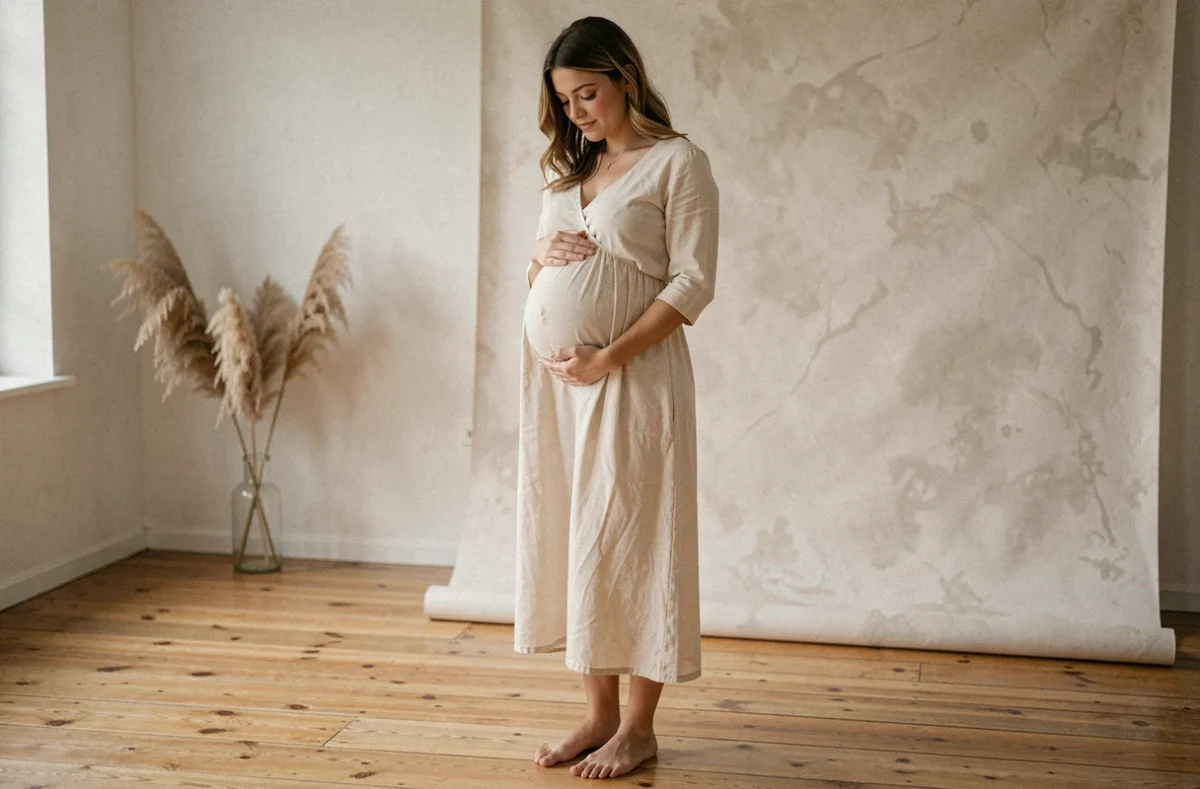 Femme enceinte de 7 mois en robe crème dans un studio photo à Tours, tenant son ventre avec douceur