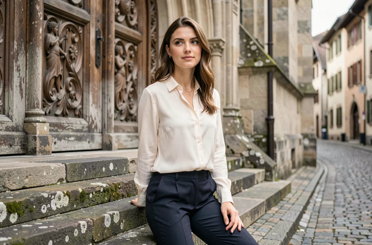 Jeune femme en séance de portraits professionnels sur les marches d'une église historique à Pont-de-Beauvoisin