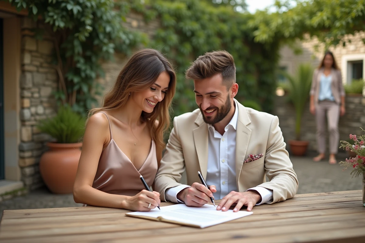 Couple signant les papiers lors d'une cérémonie de mariage laïque en extérieur