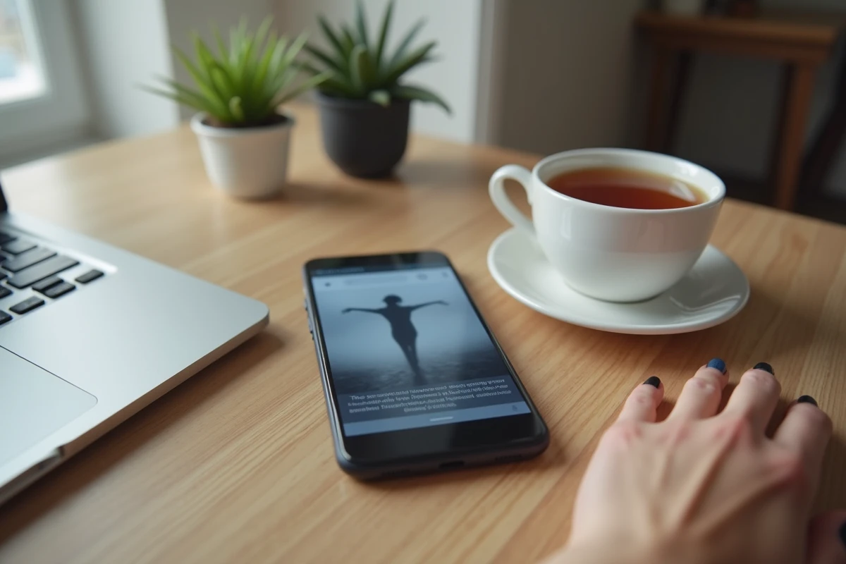 Smartphone posé sur un bureau avec un fil d'actualités flou illustrant la propagation des rumeurs sur internet concernant Yseult