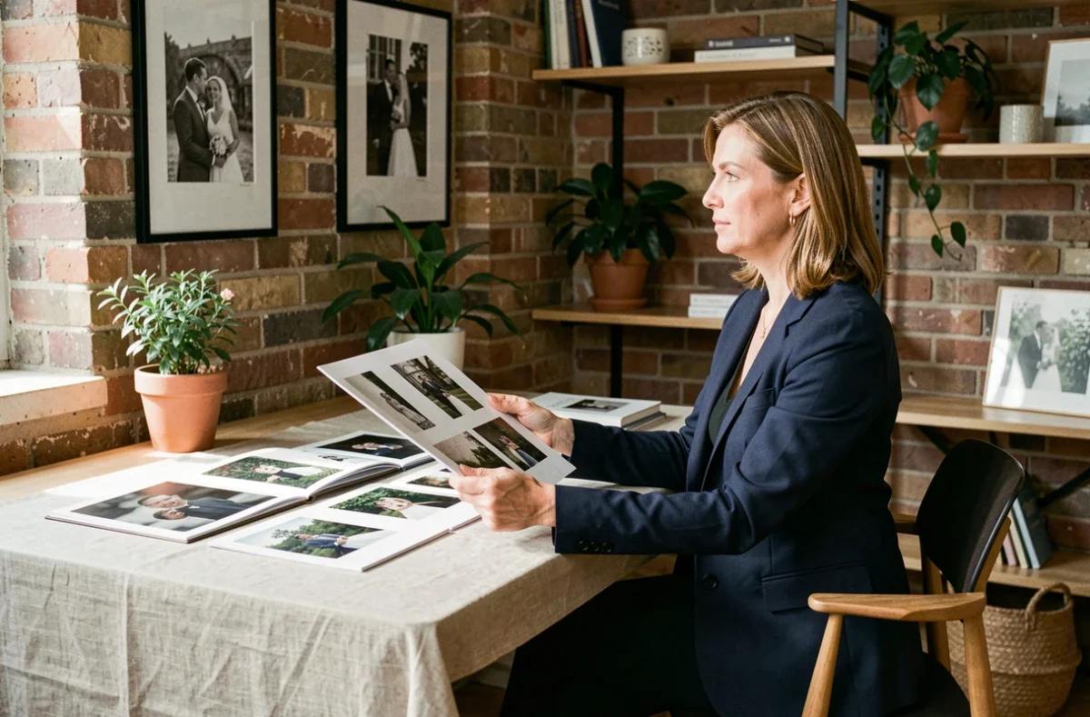 Photographe professionnelle du Studio Vauban présentant ses albums de mariage dans un studio élégant à Strasbourg