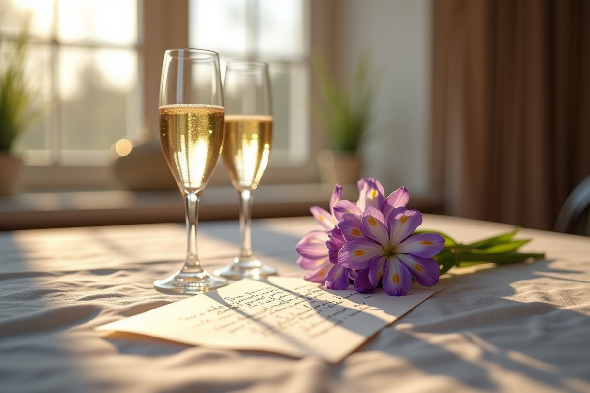 Table d anniversaire avec fleurs iris et verre de champagne
