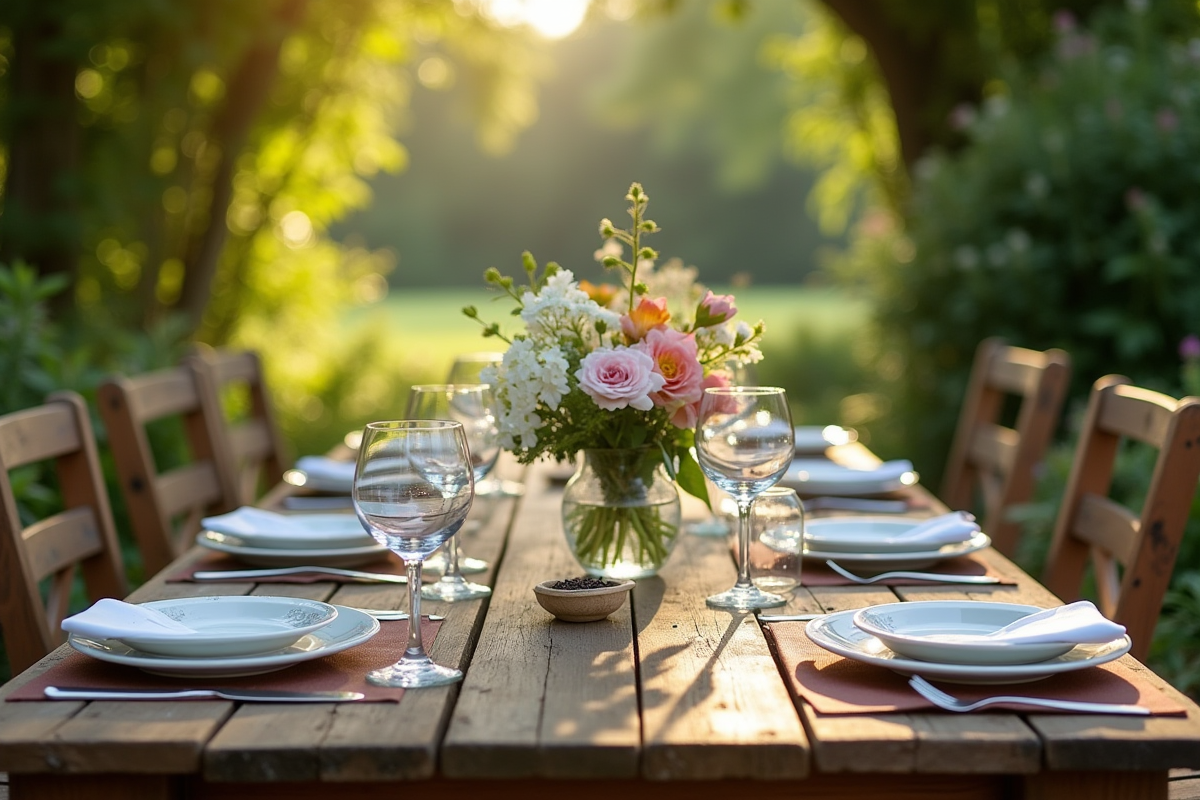 Table rustique en bois pour déjeuner en plein air avec fleurs et verre vintage