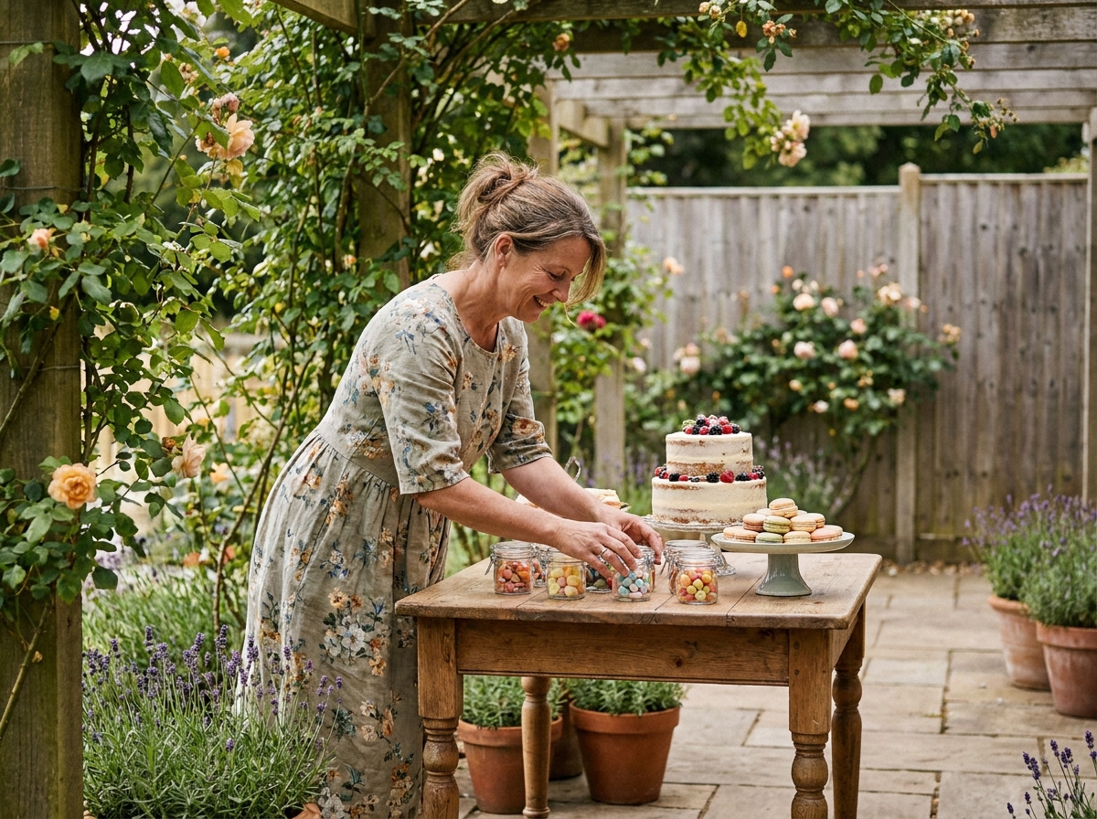 Femme préparant une table de desserts décorée sous une pergola en bois dans un jardin pour un anniversaire ou un baptême