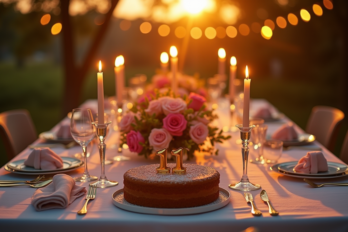 Table de dîner en plein air avec fleurs et gâteau anniversaire