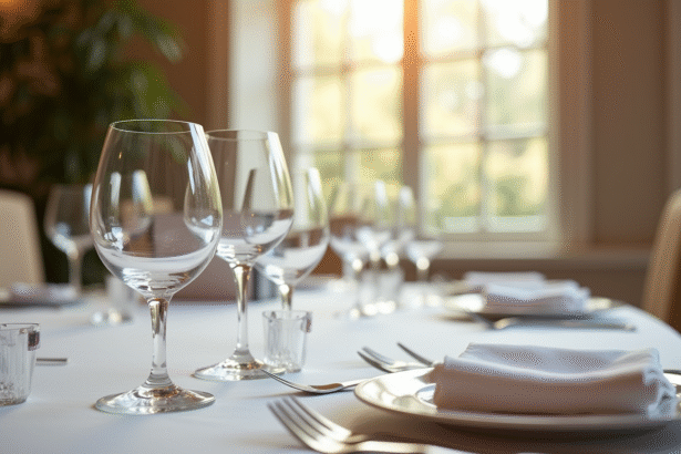 Table de dîner élégant avec verres en cristal et vaisselle fine